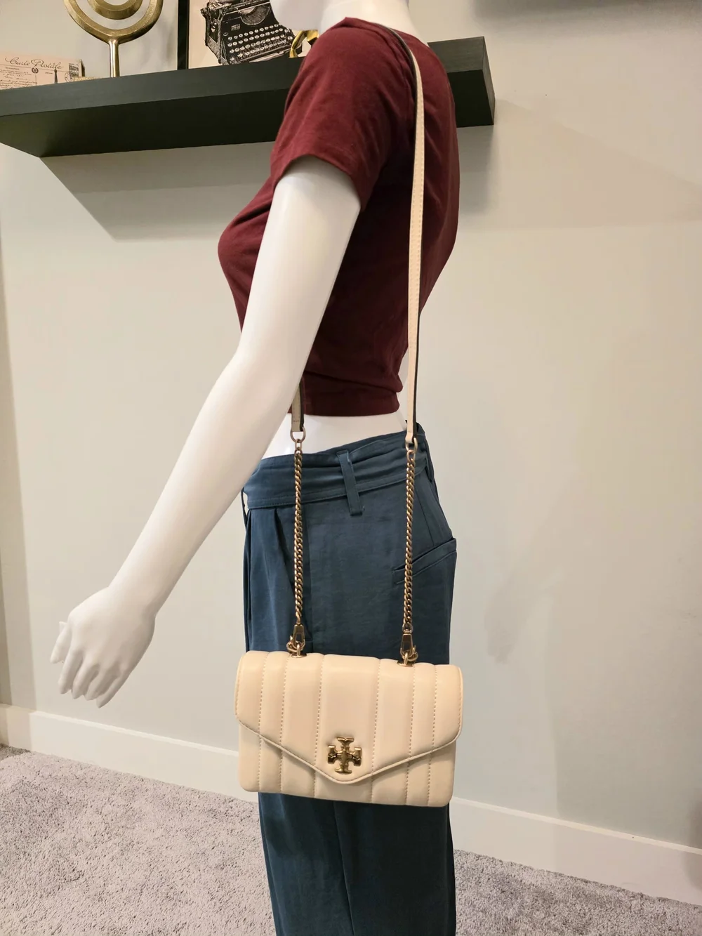 Tory Burch Cream Quilted Top-Handle Satchel with Gold Hardware
